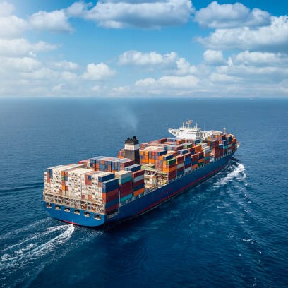 A large container cargo ship travels over calm, blue ocean